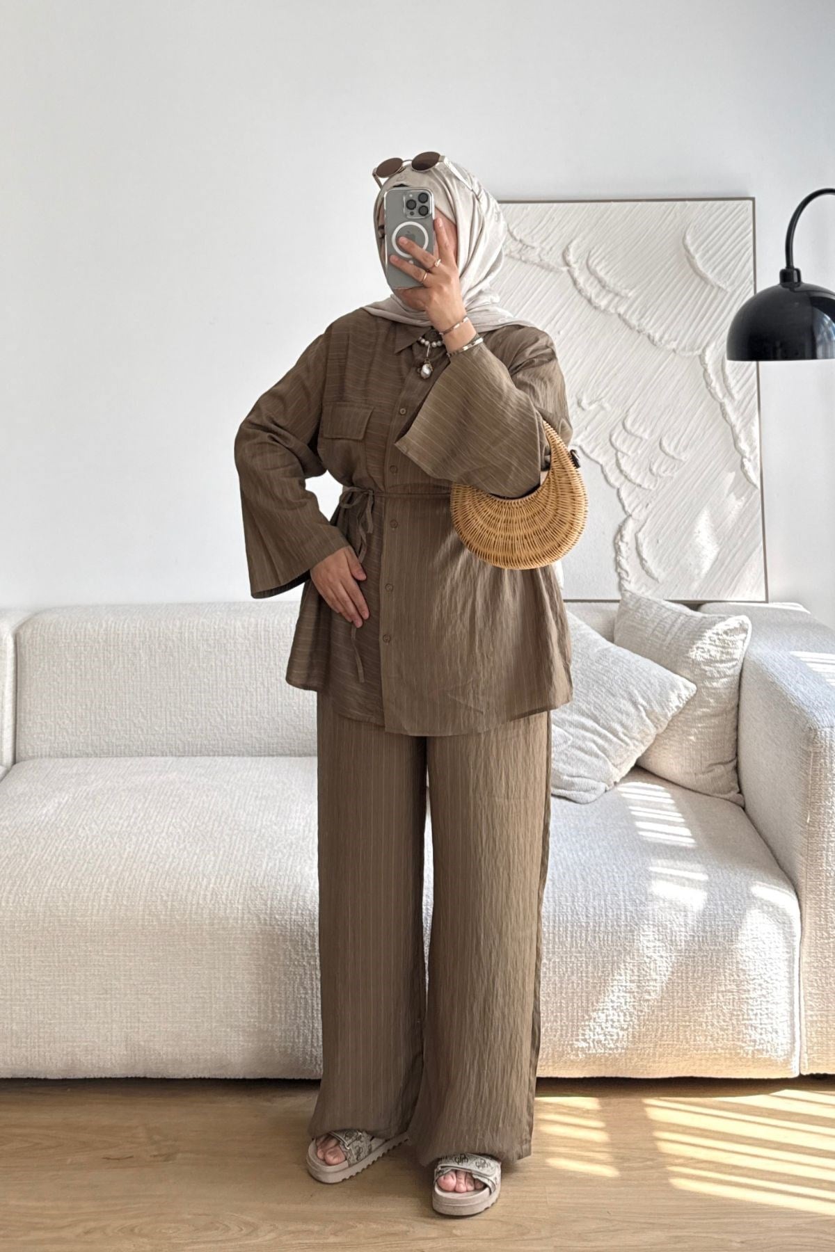 HAKİ ÇİZGİLİ CEPLİ BAĞCIKLI PANT TAKIM