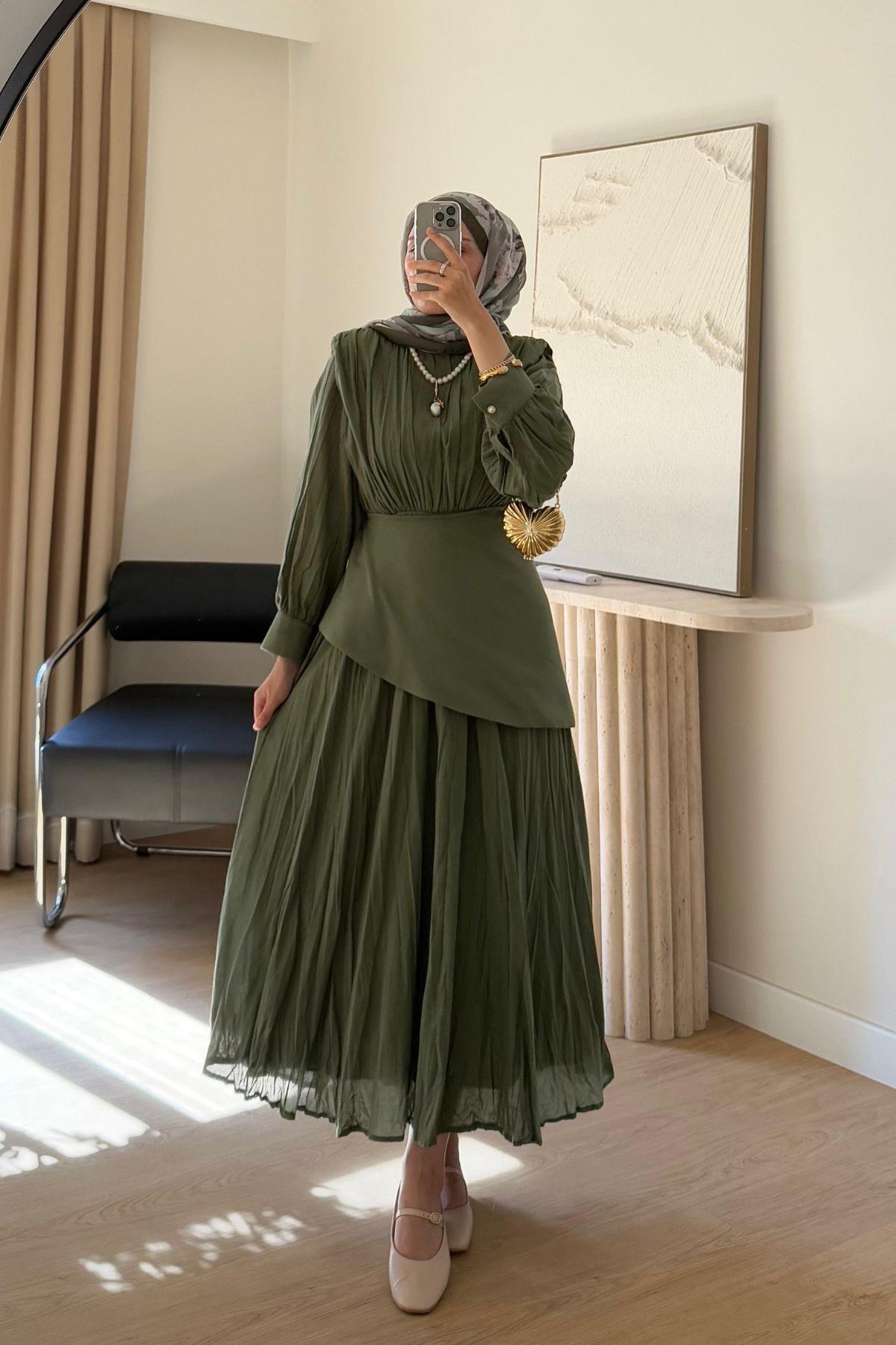 HAKİ KIRIŞIK KUMAŞ PREMİUM ELBİSE 