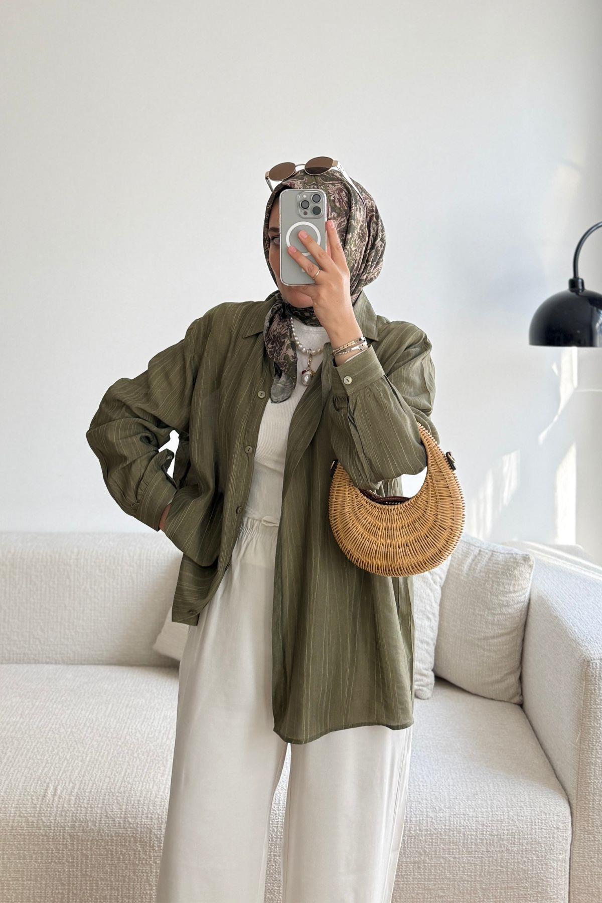 HAKİ YAĞ YIKAMALI OVERSİZE GÖMLEK