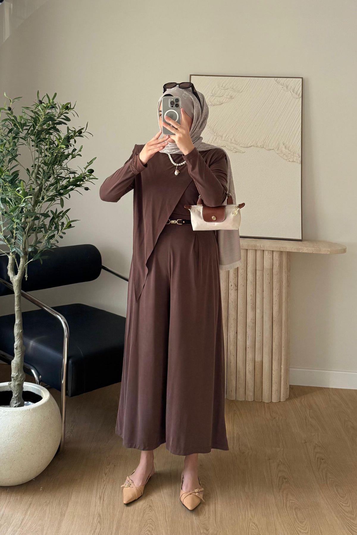 KAHVE  ASİMETRİK KESİM OYSHO TAKIM 