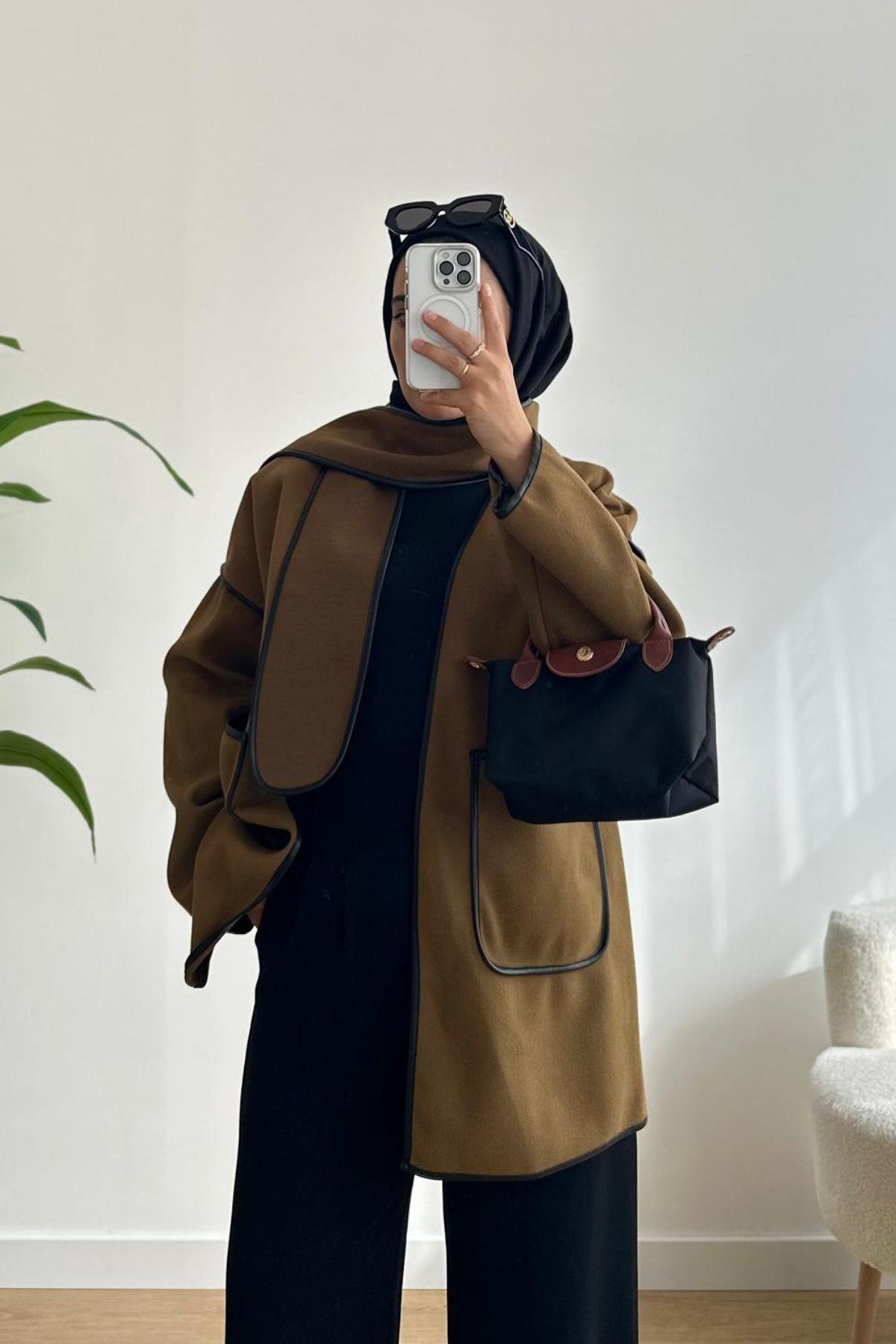 KAHVE BİYELİ ATKI DETAYLI CEKET