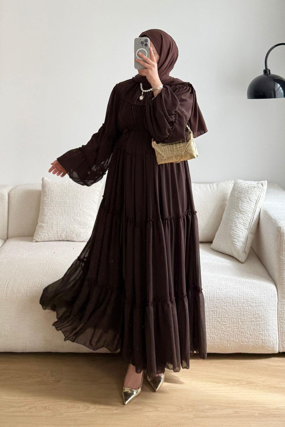 KAHVE CANDY ŞİFON ELBİSE