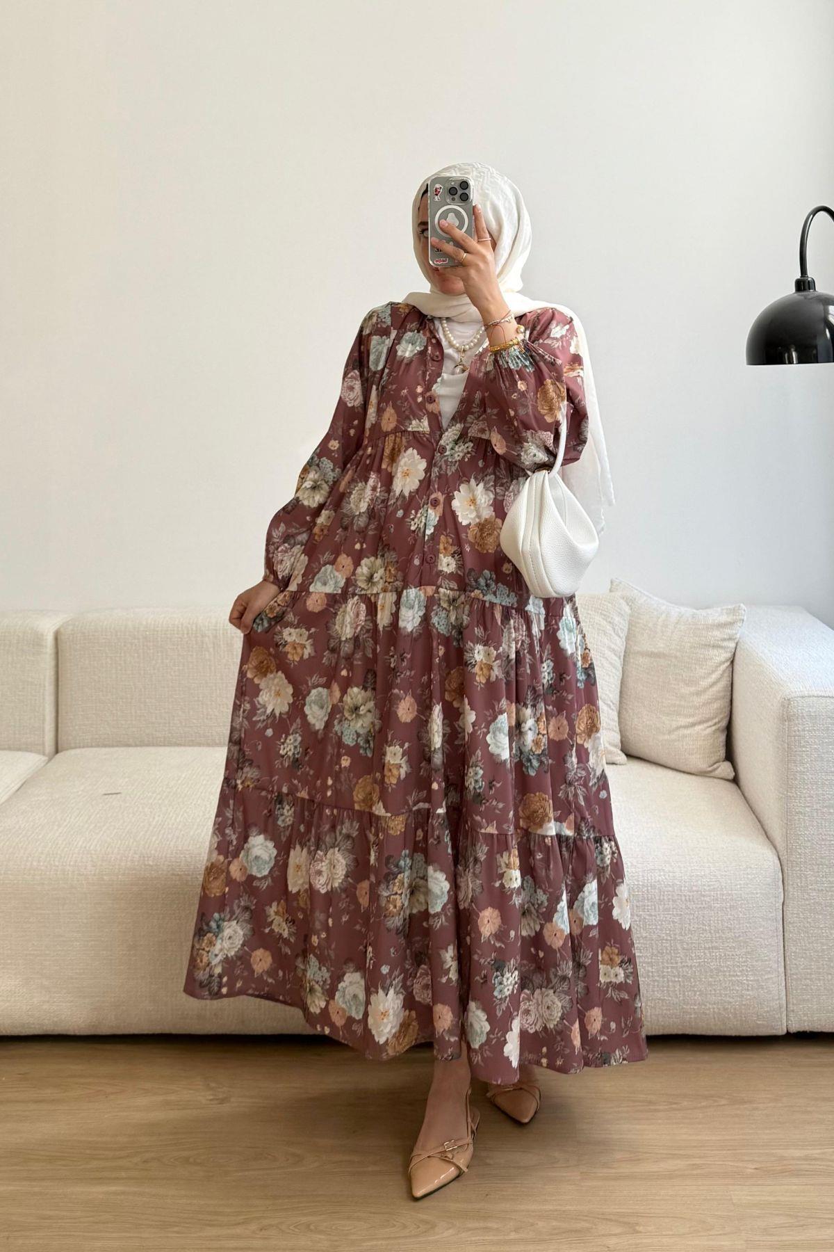 KAHVE ÇİÇEK DESENLİ  ELBİSE 