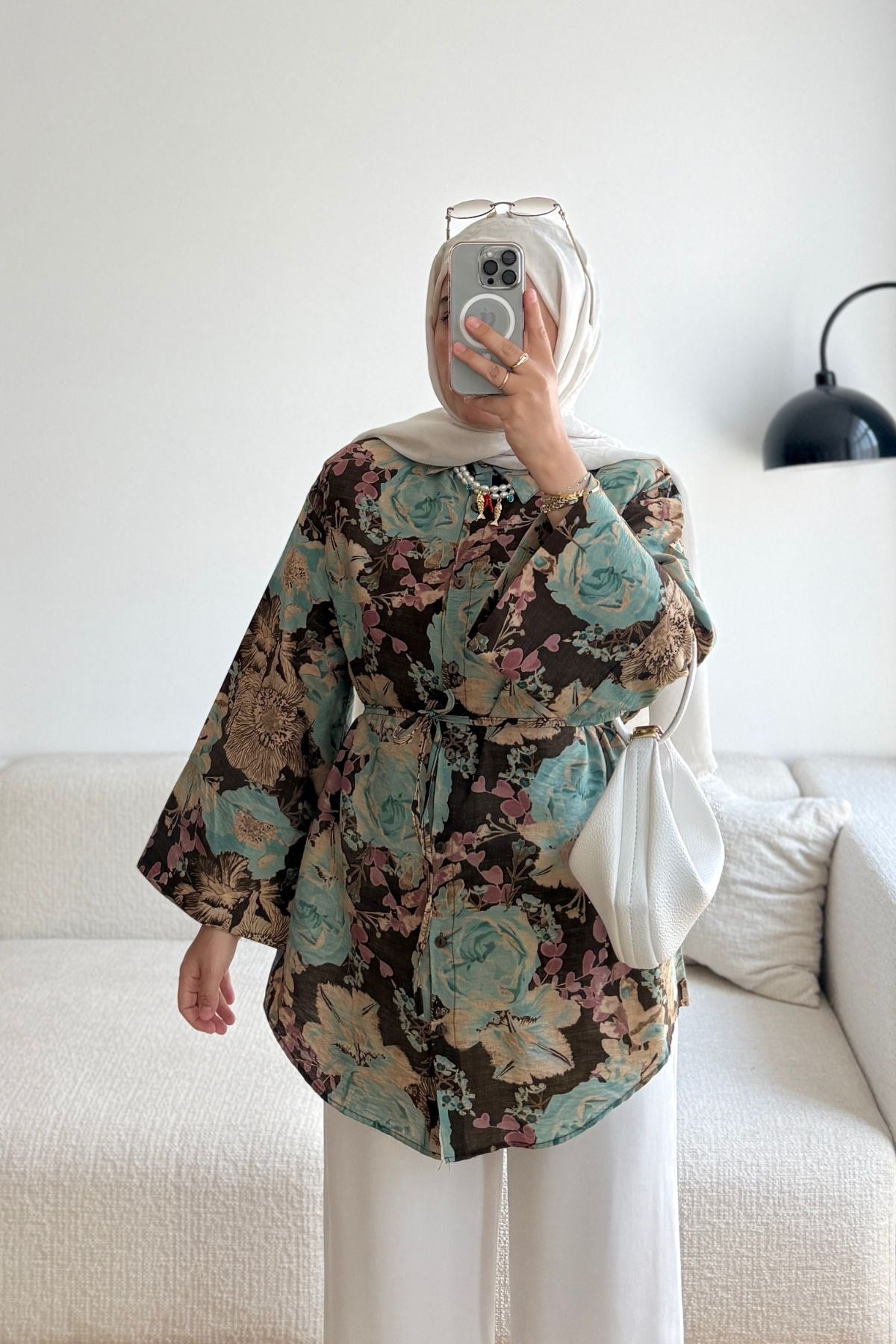 KAHVE ÇİÇEKLİ LİLİ GÖMLEK
