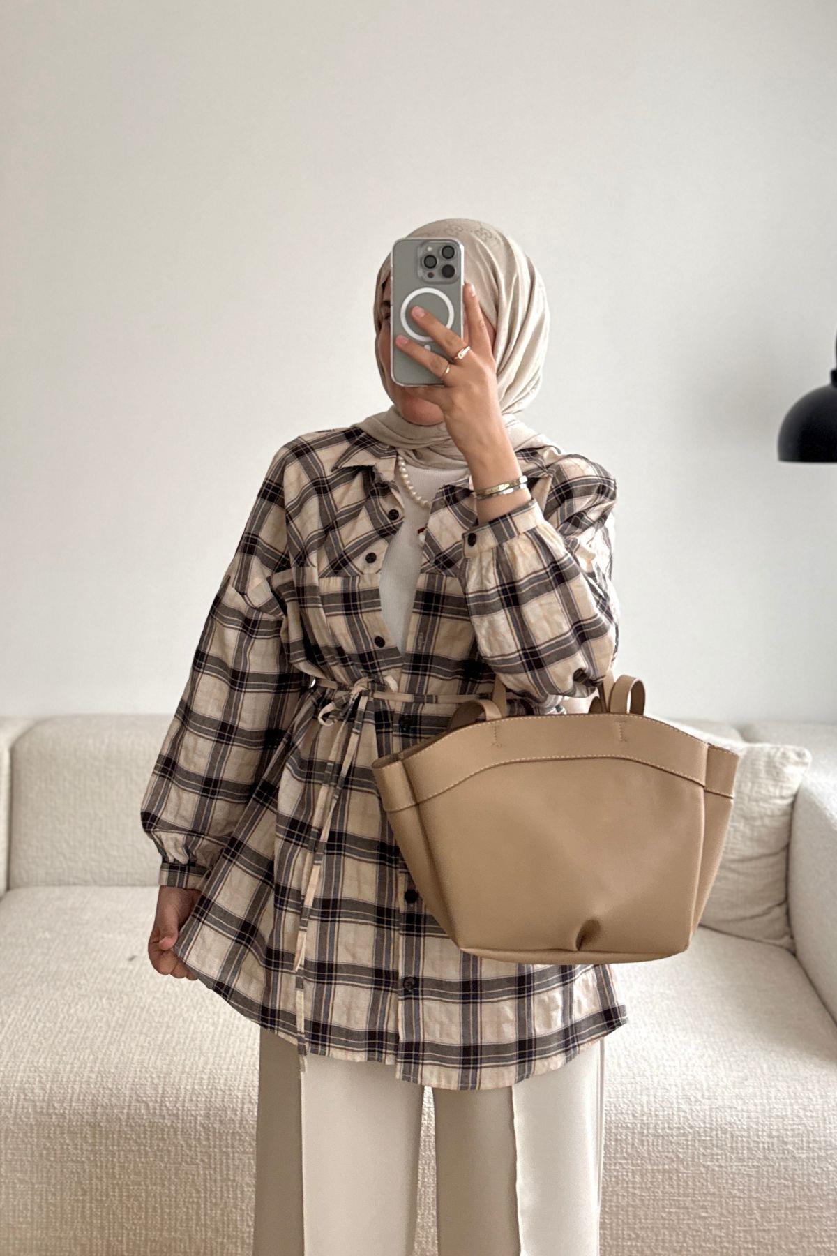 KAHVE EKOSELİ KETEN BASİC GÖMLEK