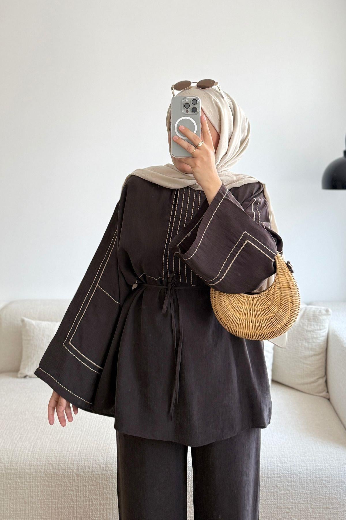 KAHVE ENDOE DİKİŞ DETAYLI PANT TAKIM