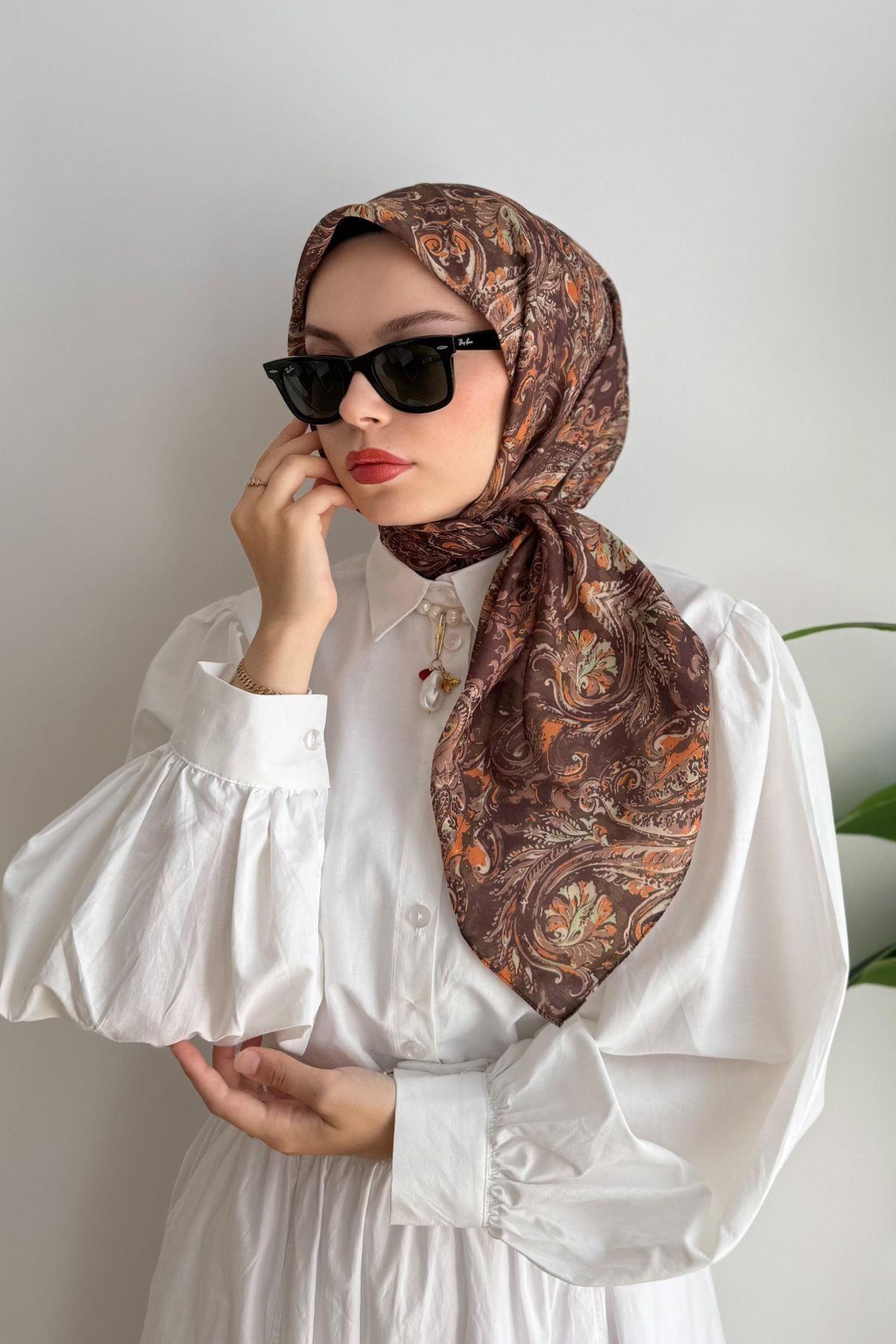 KAHVE ETNİK DESENLİ EŞARP