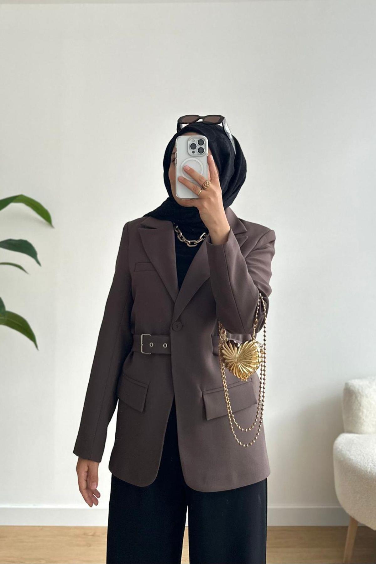 KAHVE KEMER DETAYLI TASARIM BLAZER CEKET