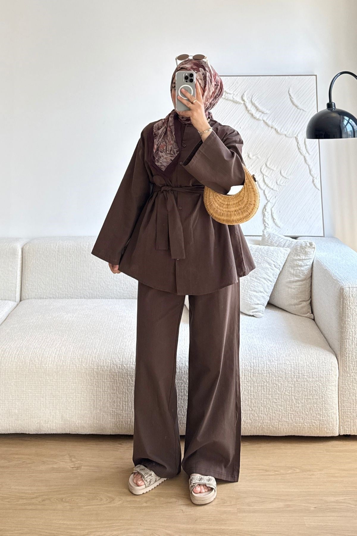 KAHVE KETEN KEMERLİ PANT TAKIM