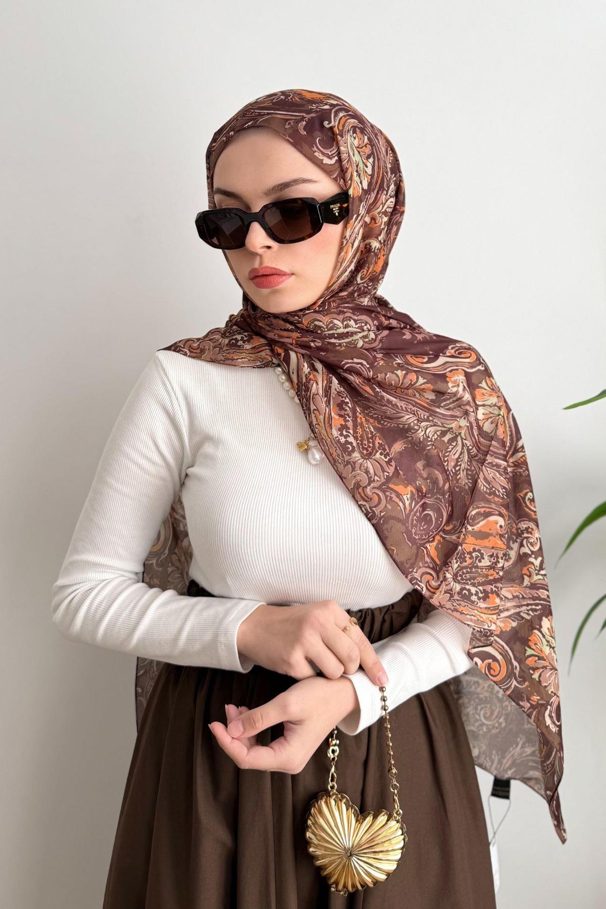 KAHVE KİREMİT EBRULİ DESEN ŞAL