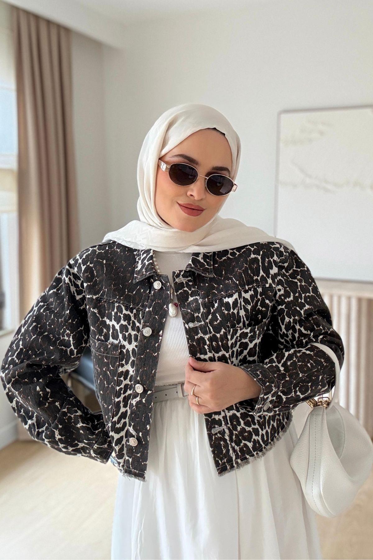 KAHVE LEOPAR KISA DENİM CEKET