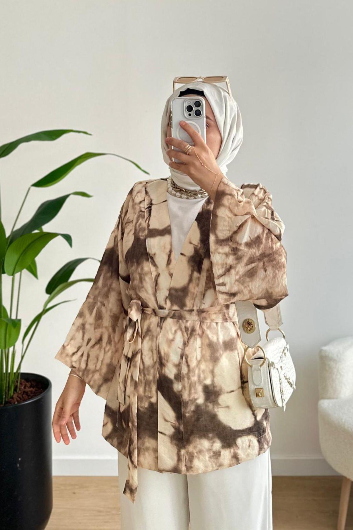 KAHVE MANGO DESEN KİMONO