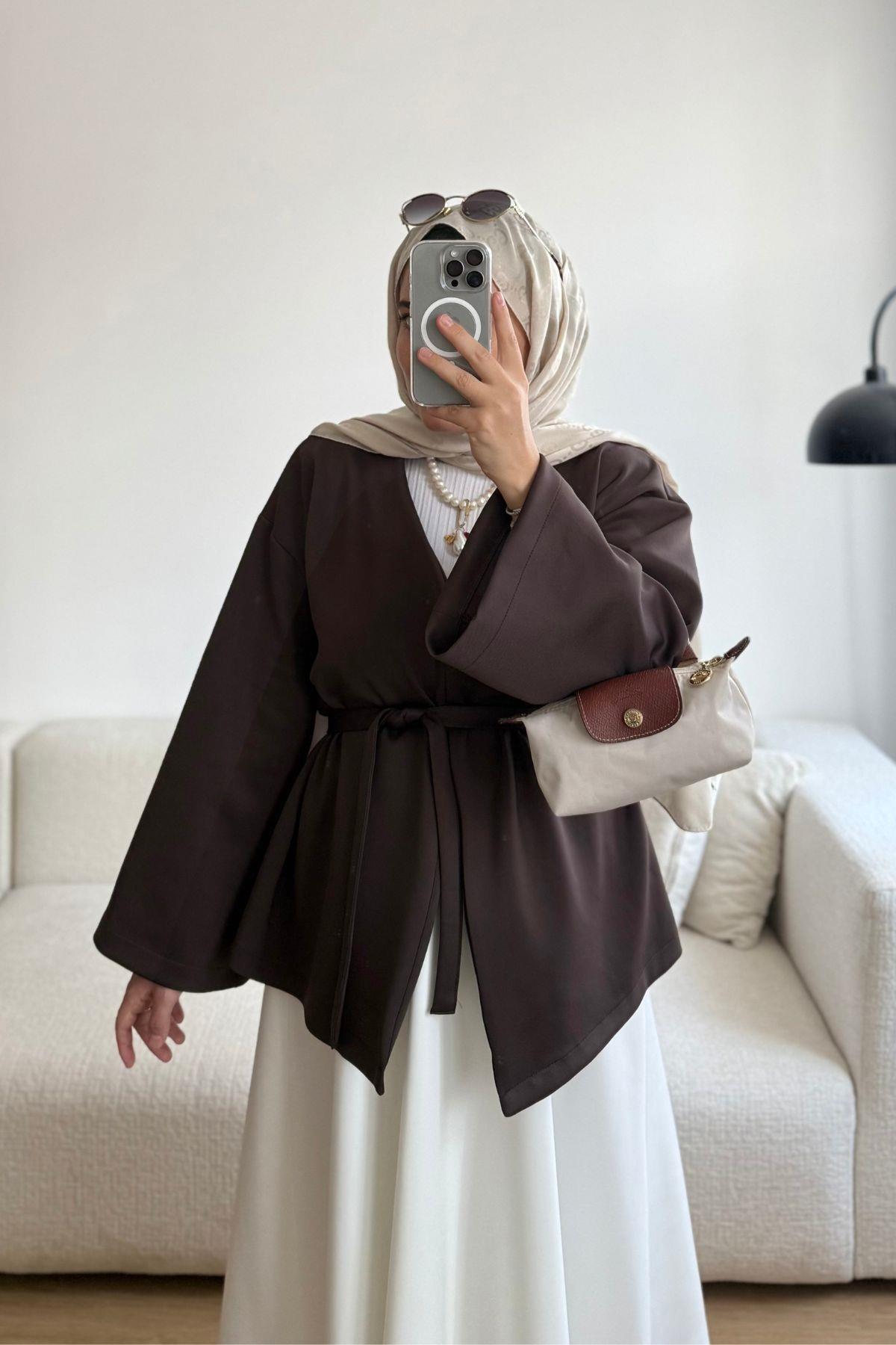 KAHVE SCUBA KUŞAKLI KİMONO