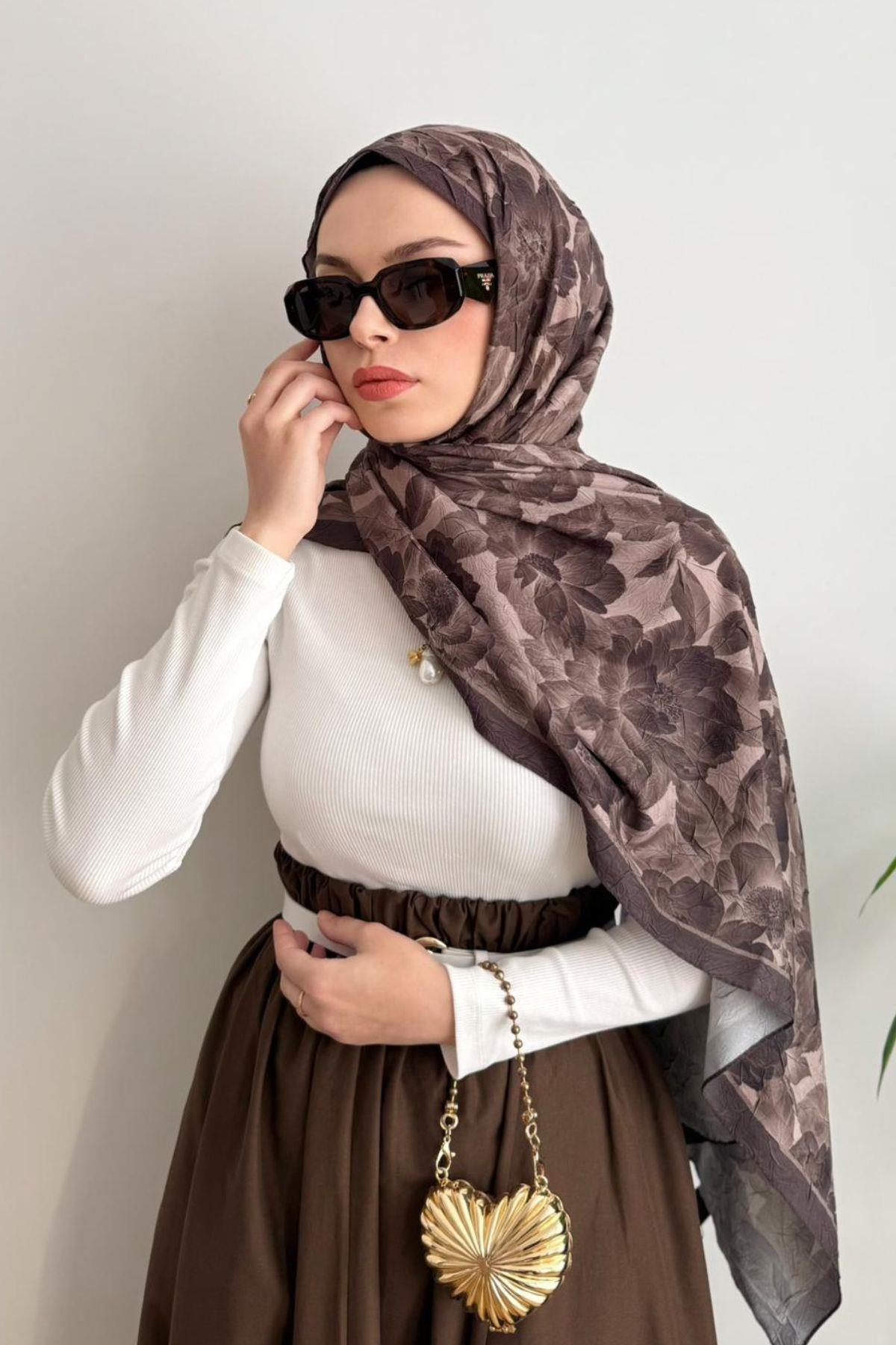 KAHVE ŞERİTLİ BÜYÜK ÇİÇEK DESENLİ BAMBU ŞAL
