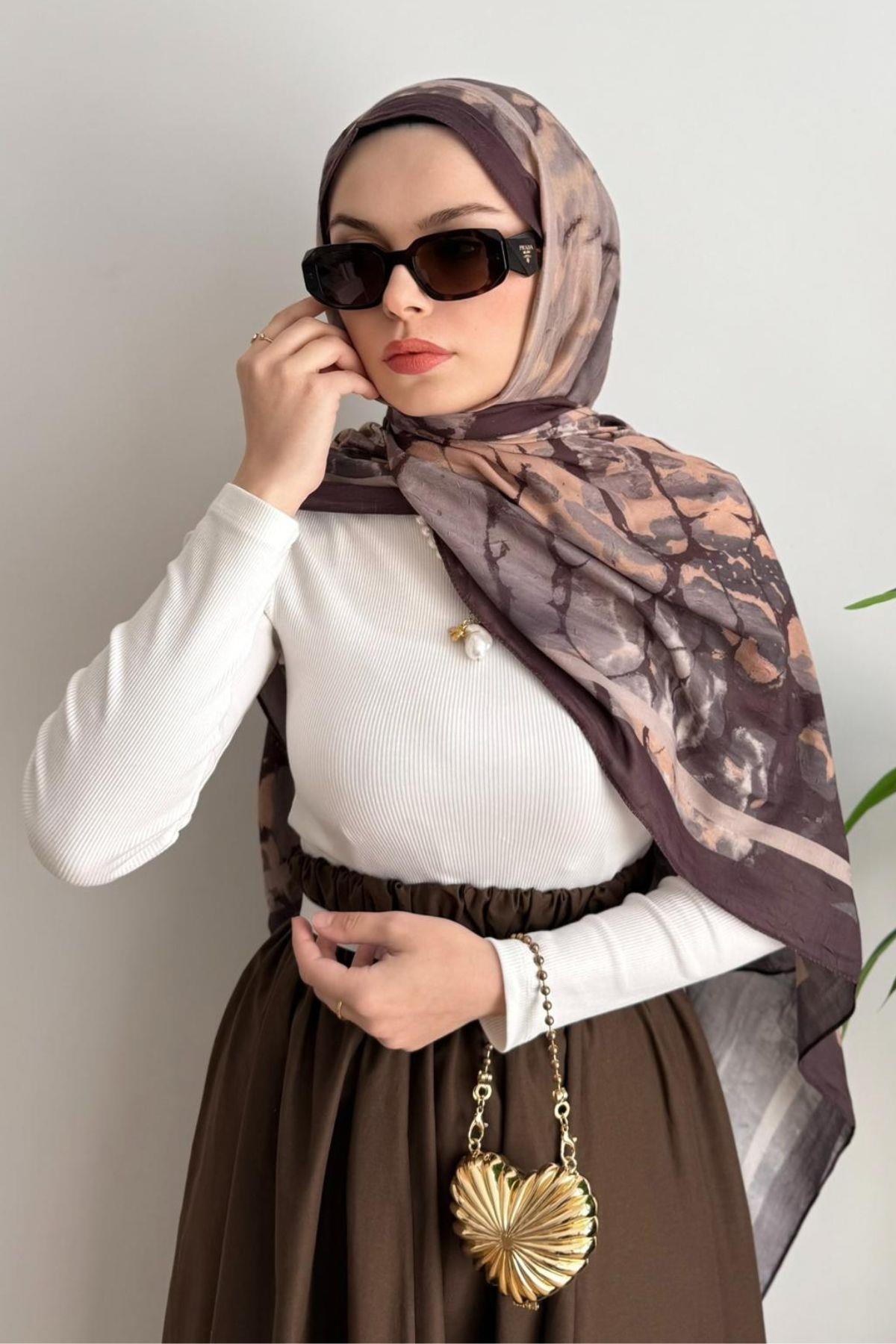 KAHVE ŞERİTLİ GEÇİŞLİ BAMBU ŞAL