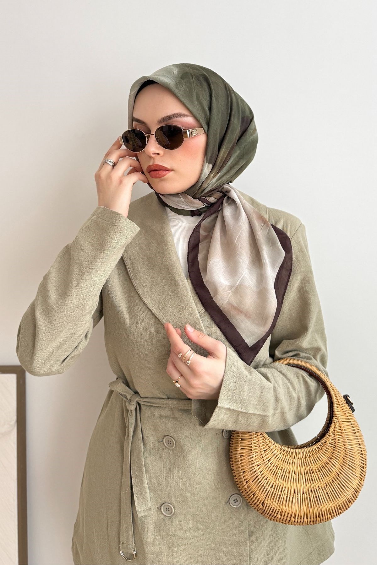 KAHVE ŞERİTLİ HAKİ PAMUKLU EŞARP
