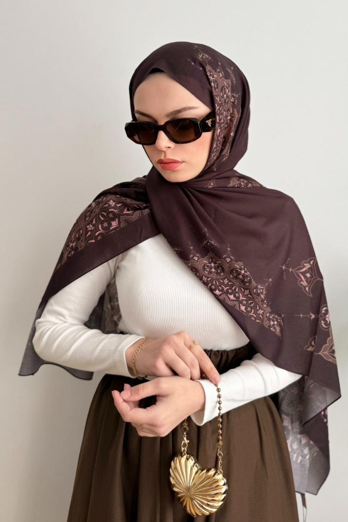 KAHVE UÇ KISMI DESENLİ ŞAL