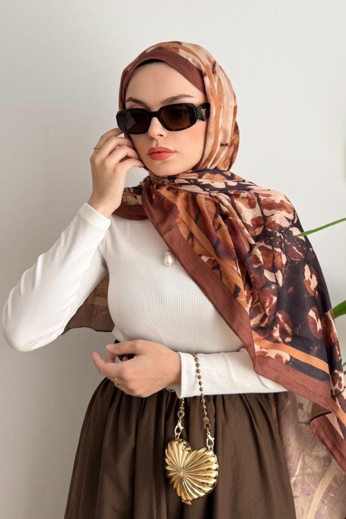 KİREMİT ŞERİTLİ KAHVE GEÇİŞLİ BAMBU ŞAL