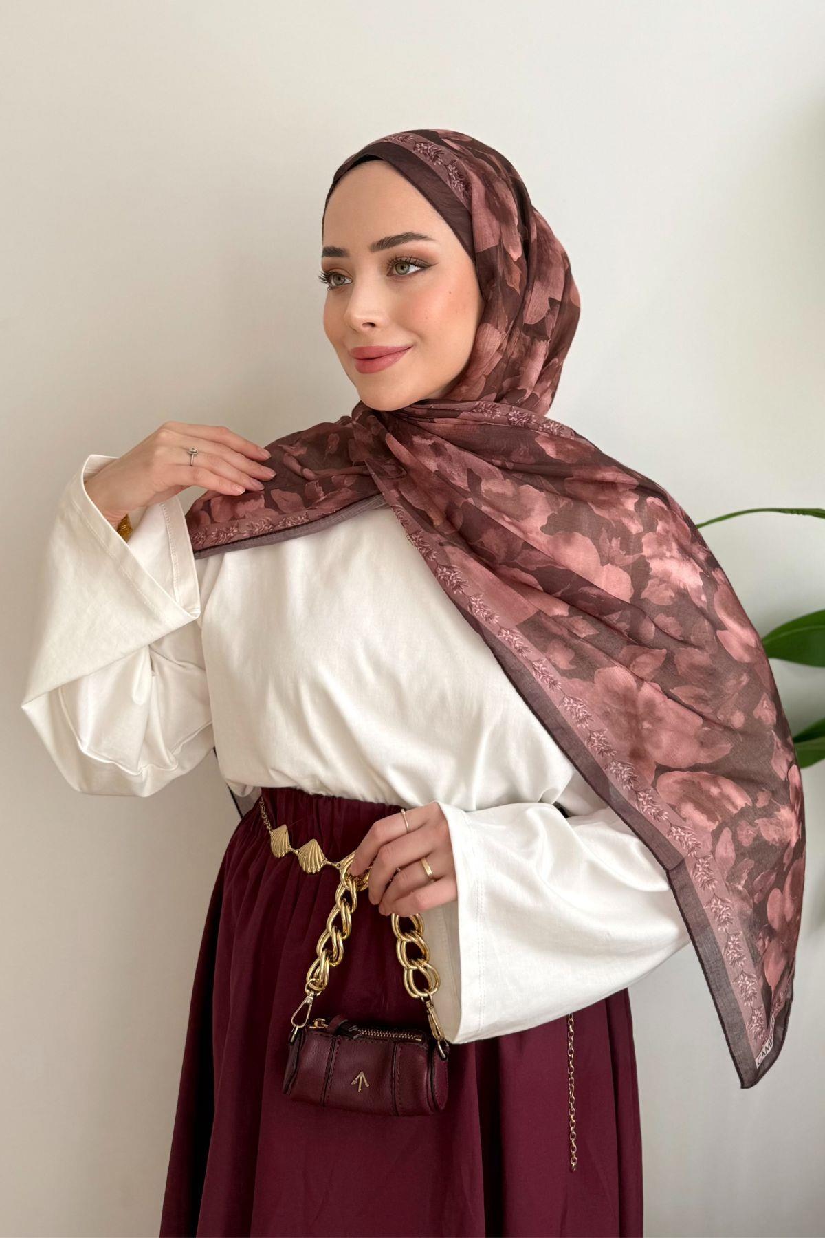 KOYU BORDO ŞERİTLİ ÇİÇEK DESENLİ ŞAL