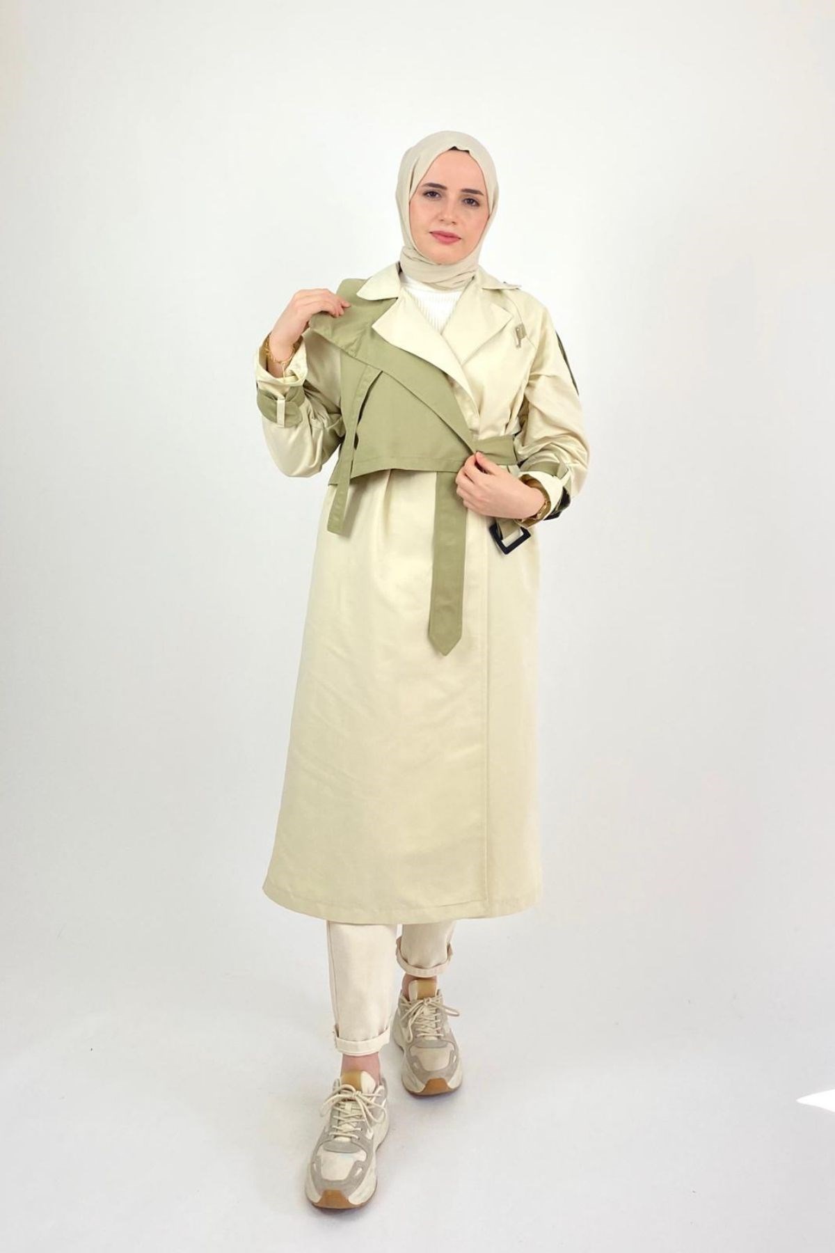 KREM ÇİFT RENKLİ TRENÇKOT