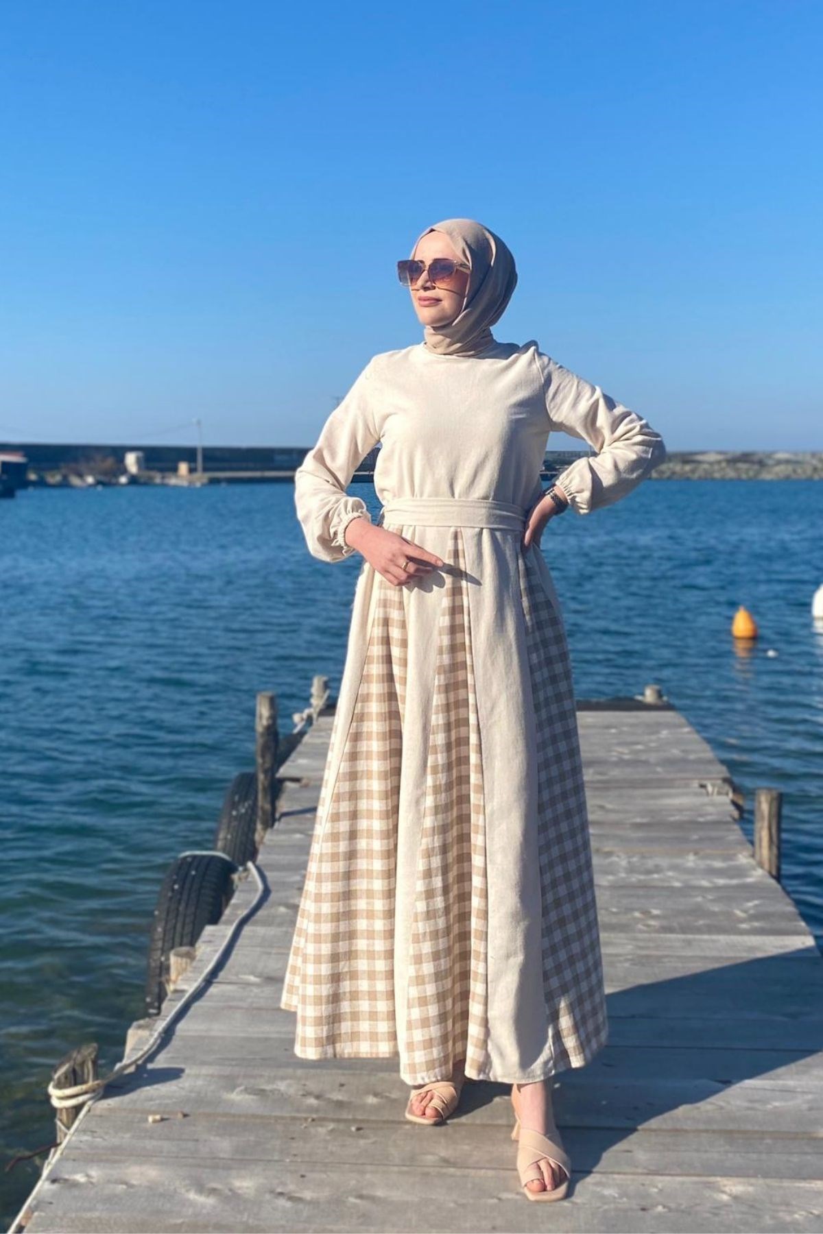 KREM PÖTİKARELİ KETEN ELBİSE