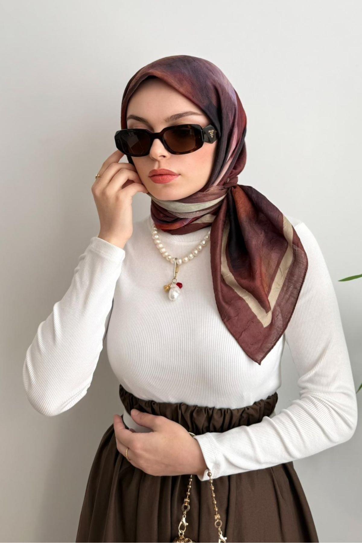 KREM ŞERİTLİ KİREMİT GEÇİŞLİ BAMBU EŞARP