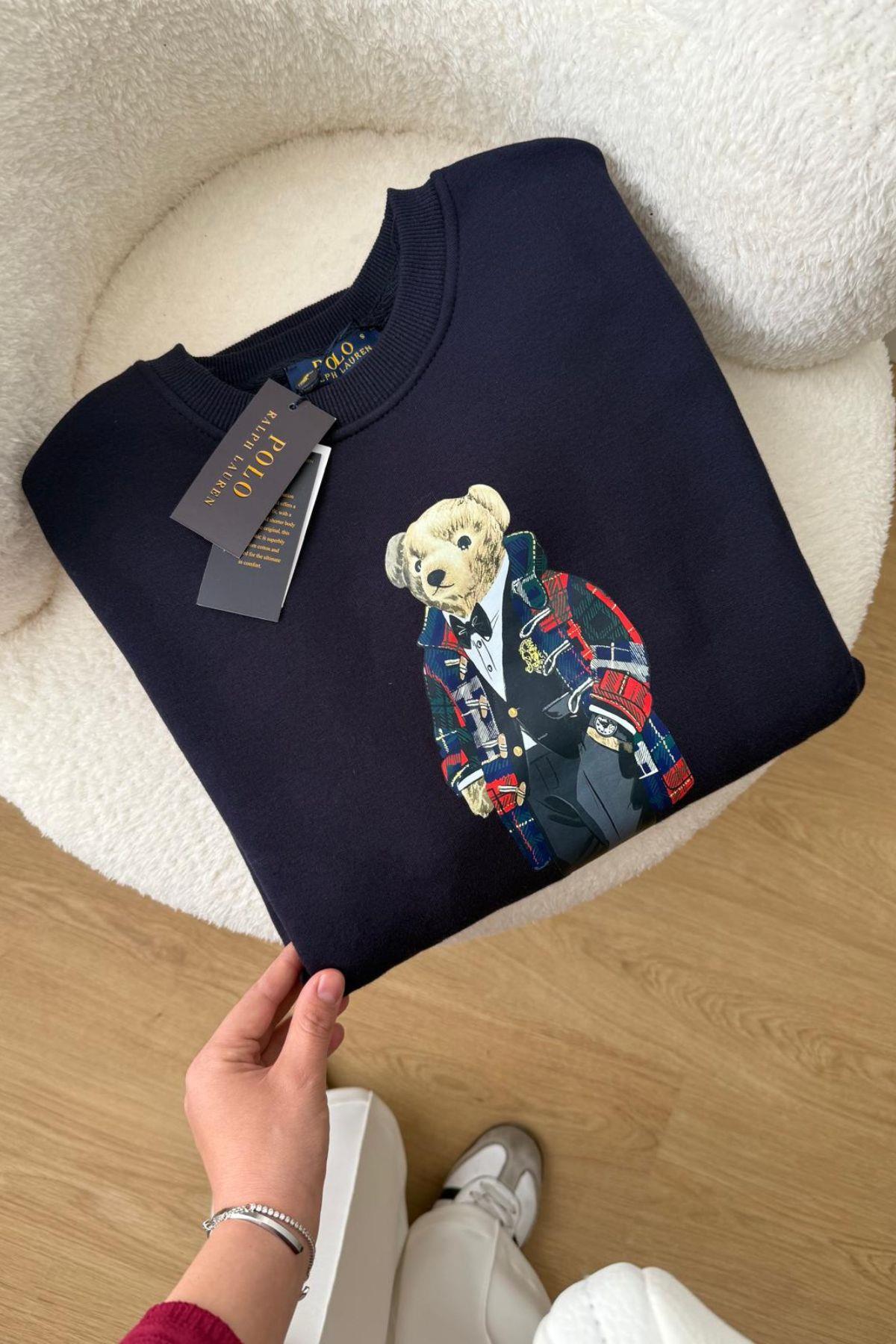 LACİVERT AYICIK DESENLİ ŞARDONLU SWEAT