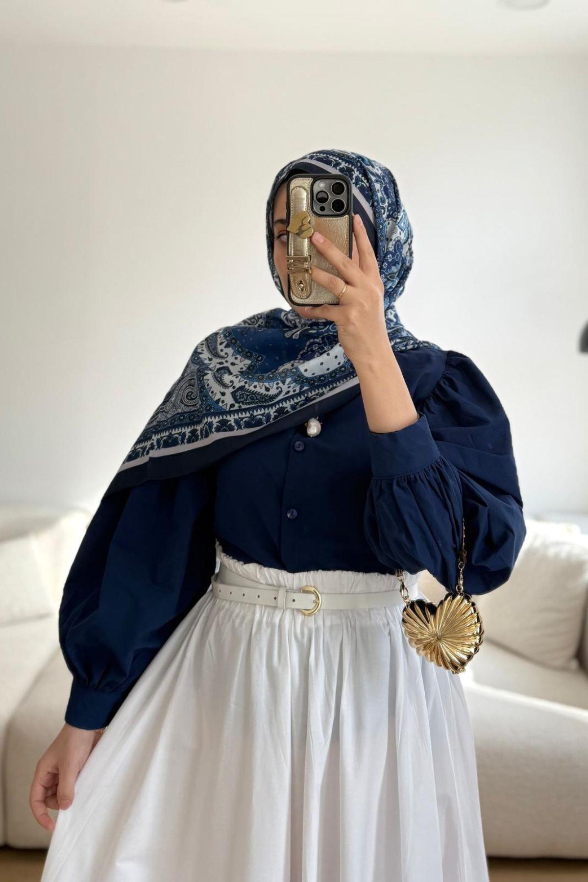 LACİVERT BALON KOL KISA GÖMLEK