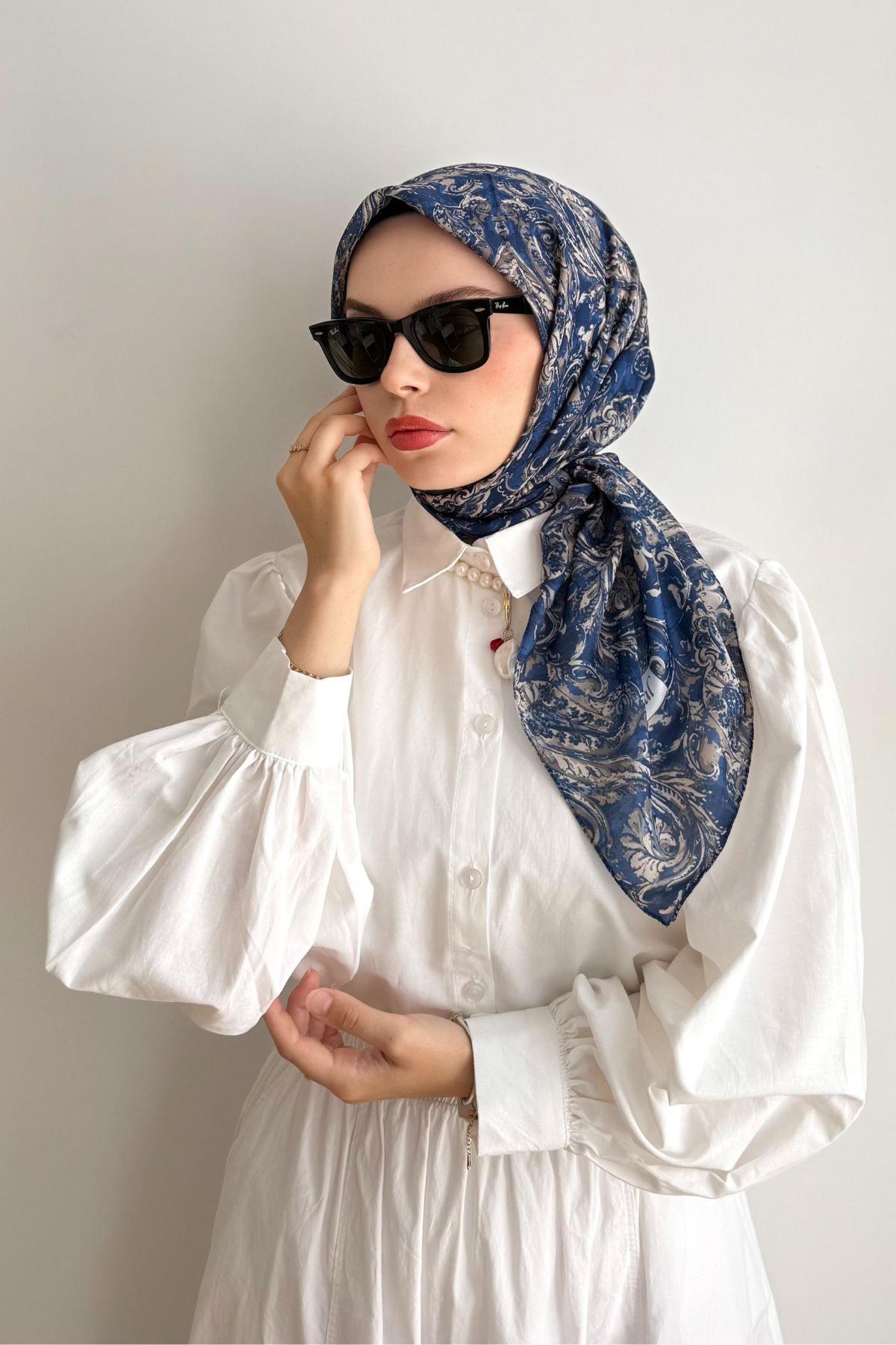 LACİVERT ETNİK DESENLİ EŞARP