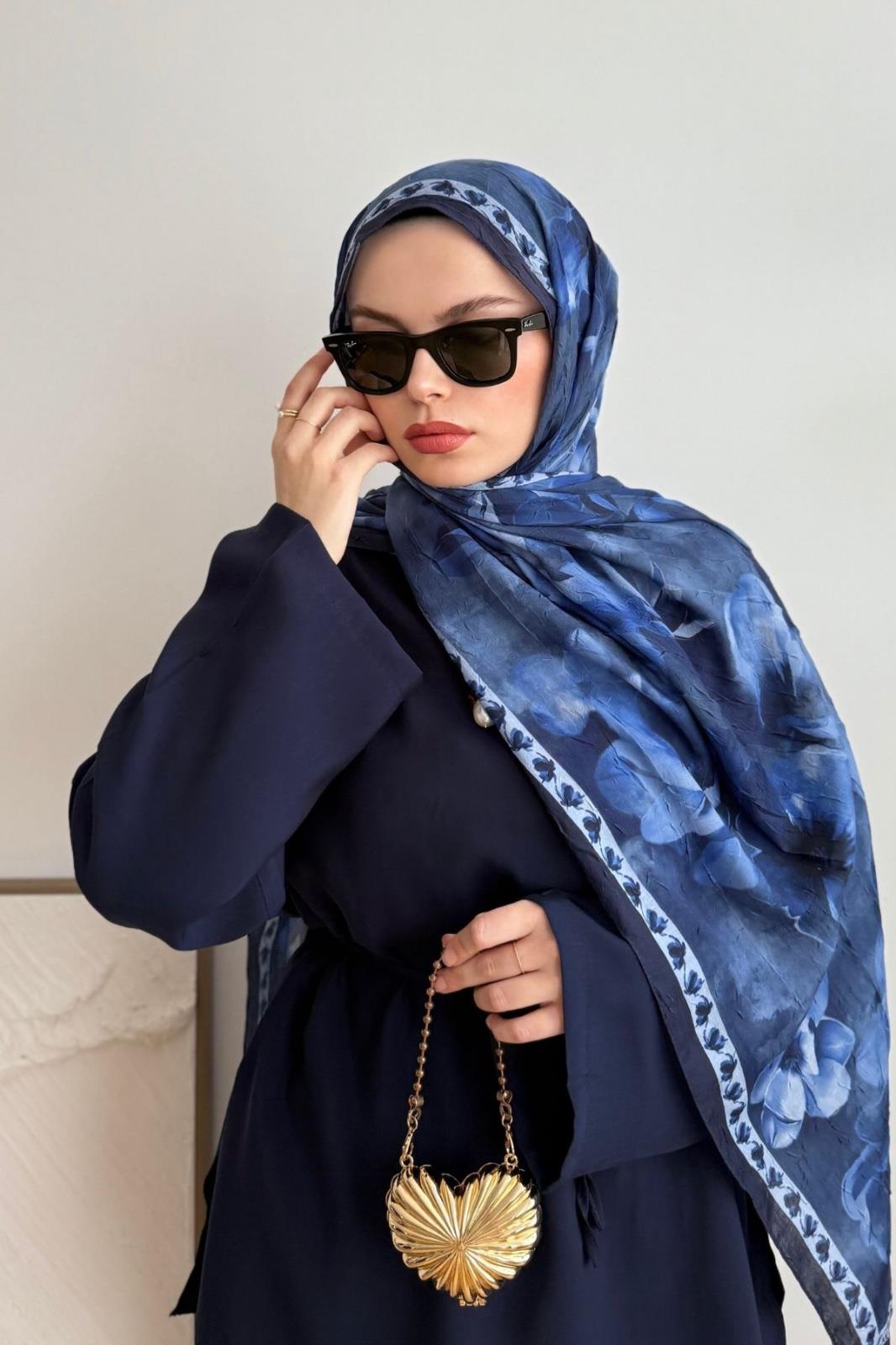LACİVERT KAMELYA ÇİÇEK PAMUKLU ŞAL