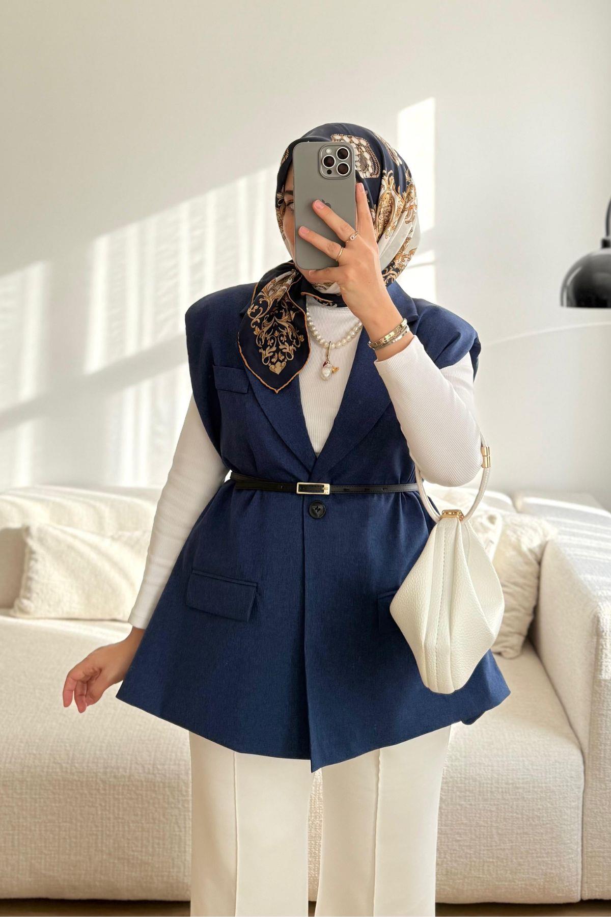 LACİVERT KEMERLİ YELEK CEKET 