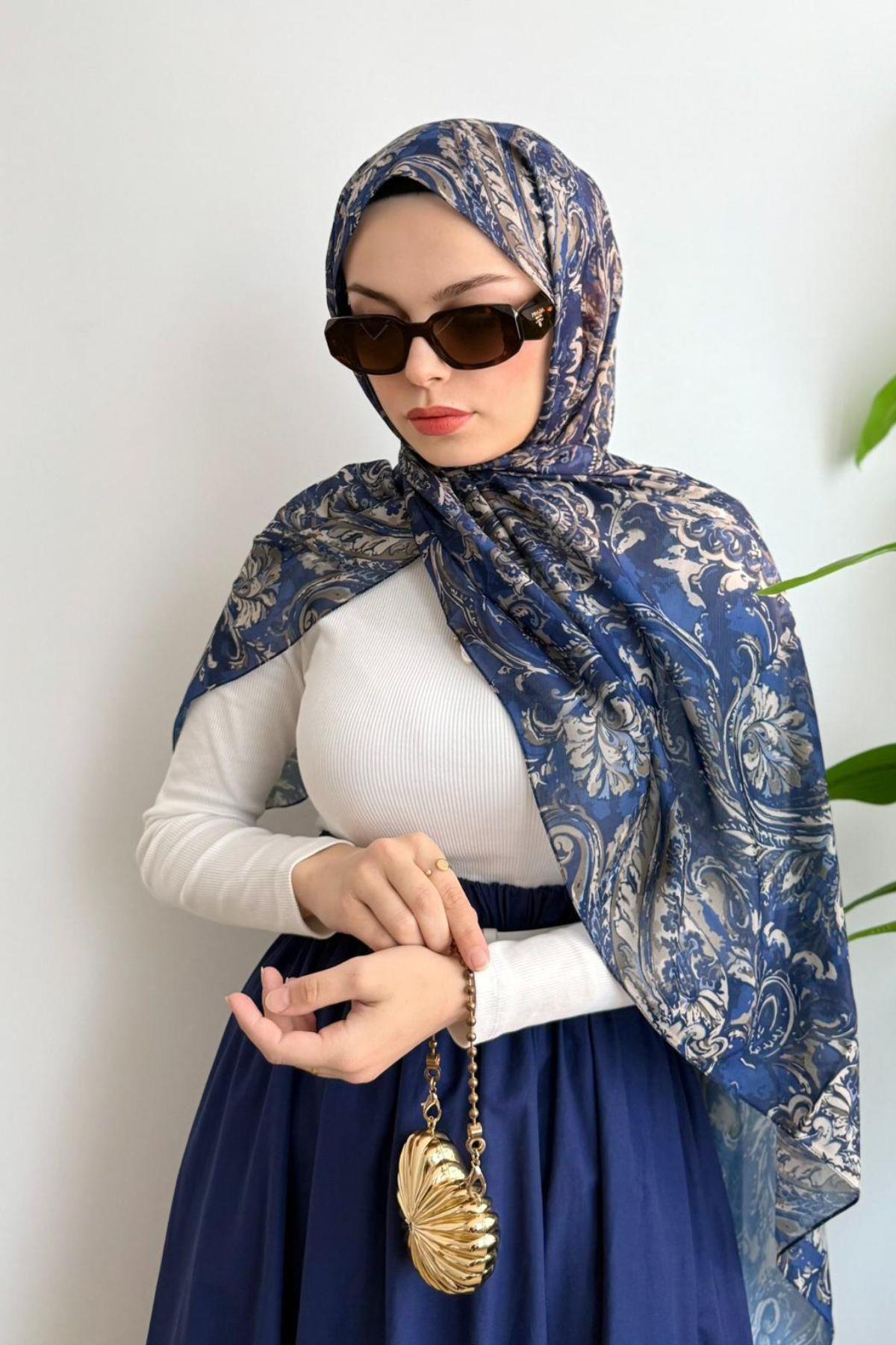 LACİVERT KREM EBRULİ DESEN ŞAL