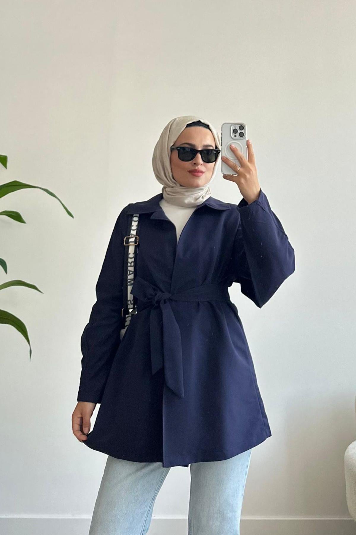 LACİVERT PELERİN DETAYLI GABARDİN TRENÇKOT