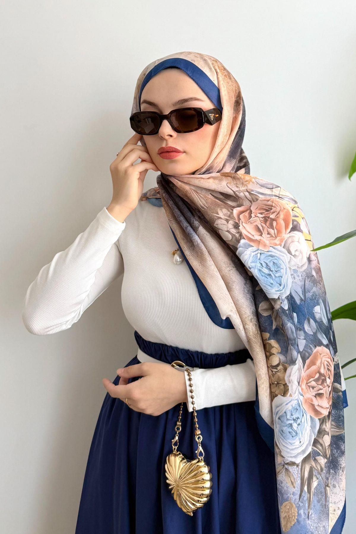 LACİVERT ŞERİTLİ GÜL DESENLİ ŞAL