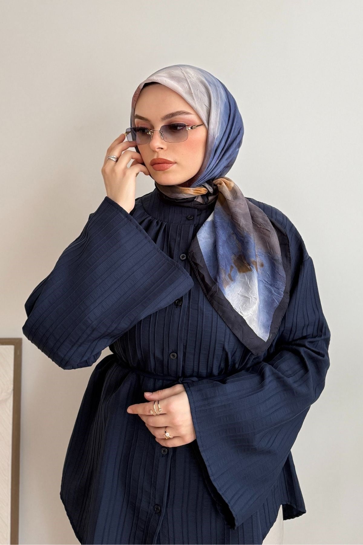 LACİVERT ŞERİTLİ MAVİ PAMUKLU EŞARP