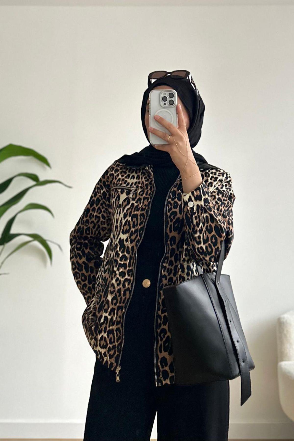 LEOPAR DESEN FERMUARLI JEAN CEKET