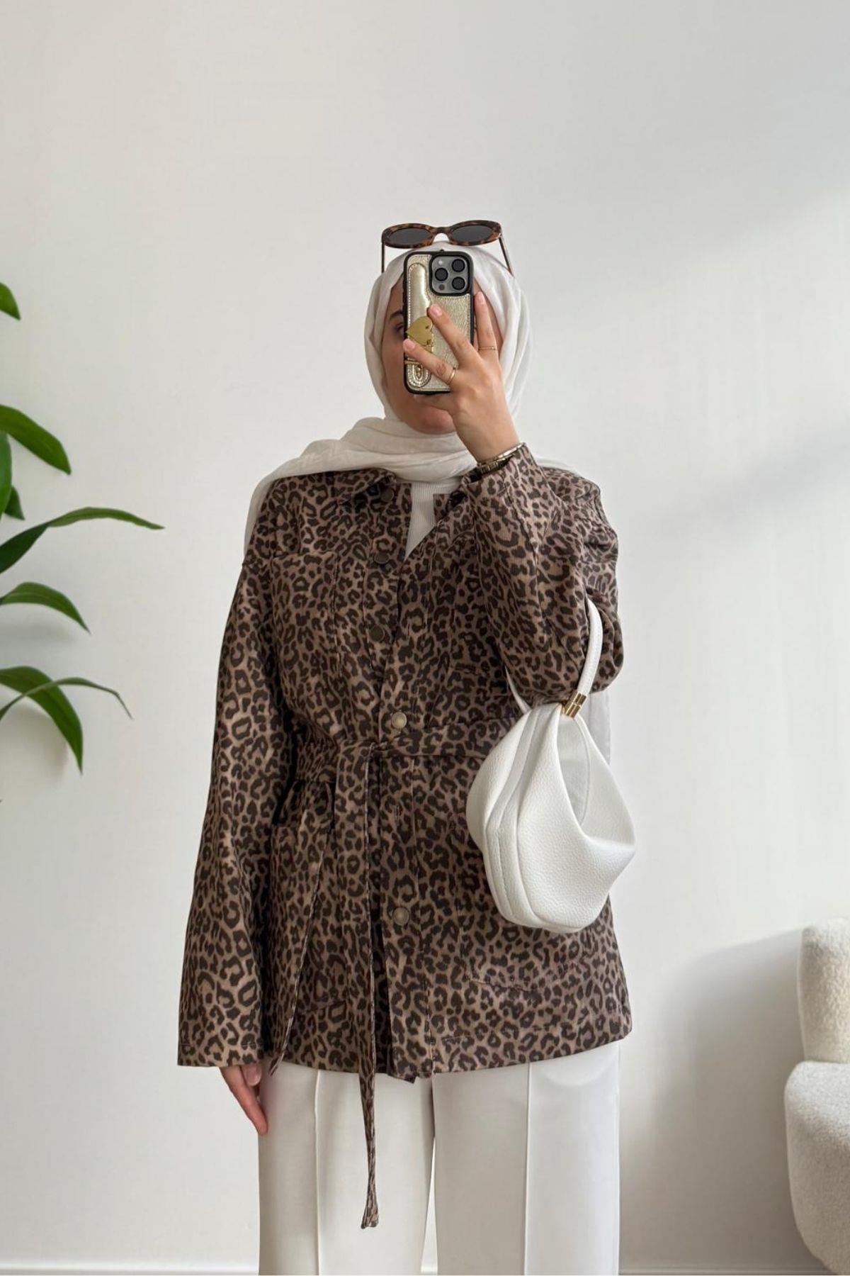 LEOPAR DESEN KEMERLİ KOT CEKET