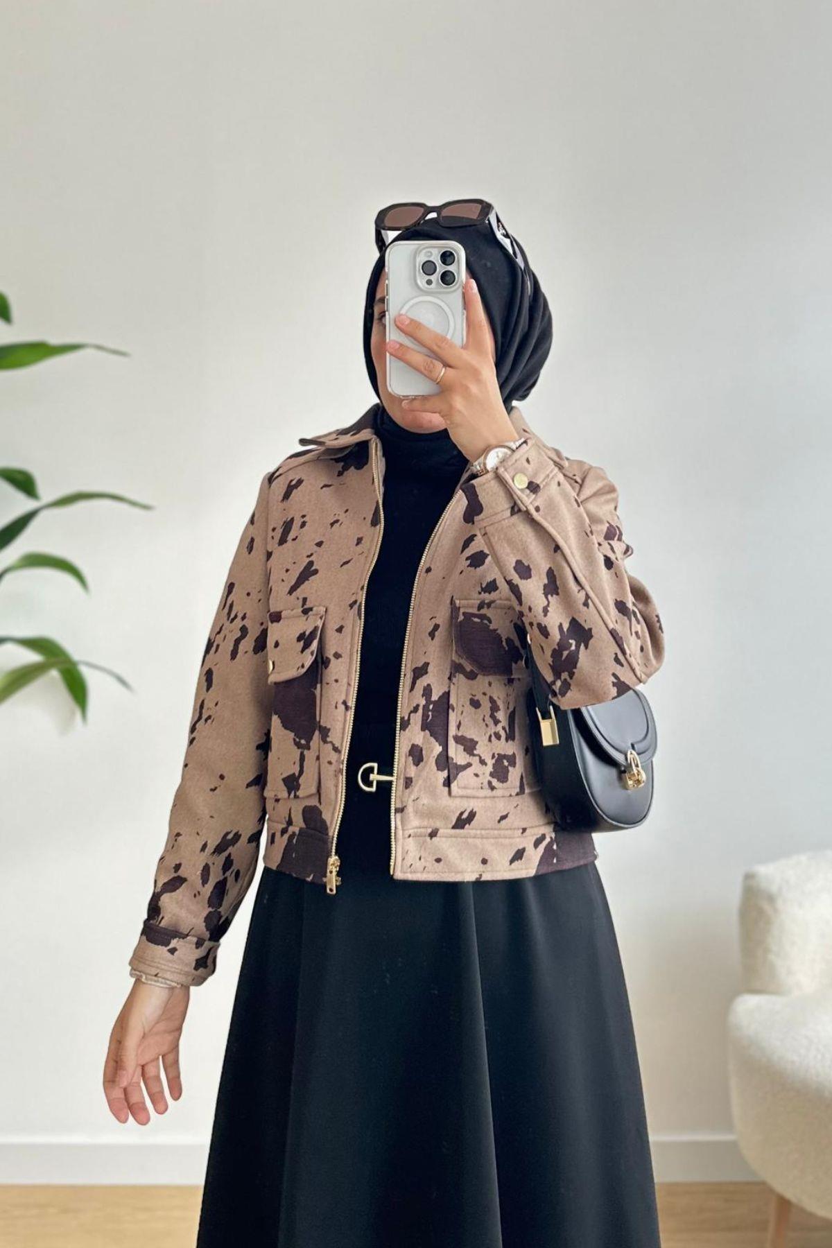 LEOPAR DESENLİ SÜET FERMUARLI CEKET