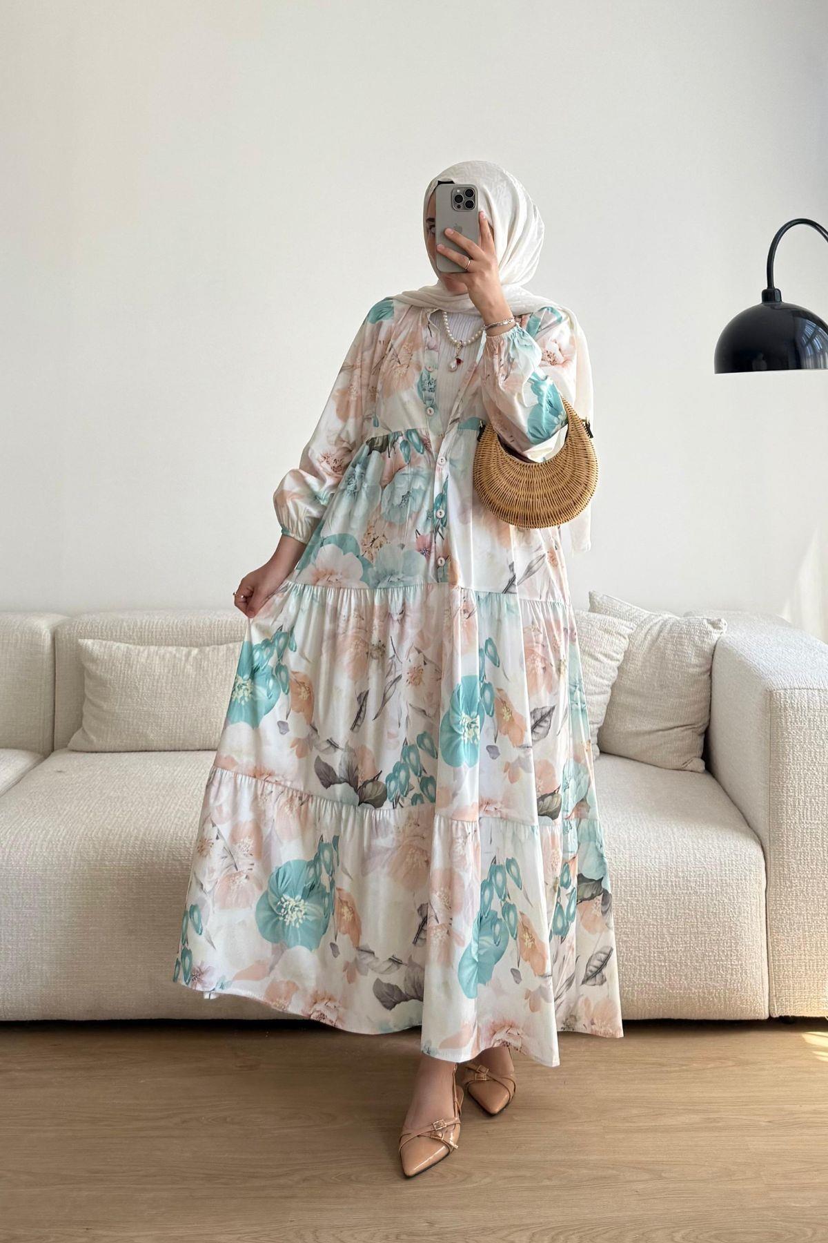 MAVİ ÇİÇEK DESENLİ  ELBİSE 