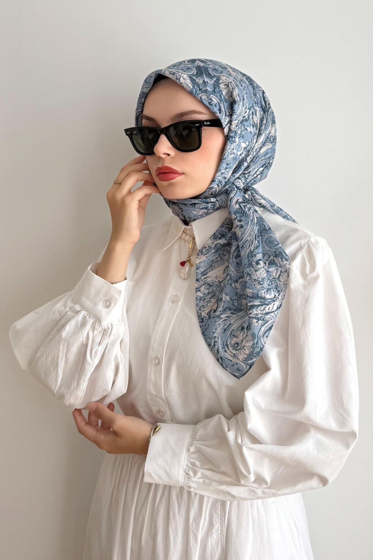 MAVİ ETNİK DESENLİ EŞARP