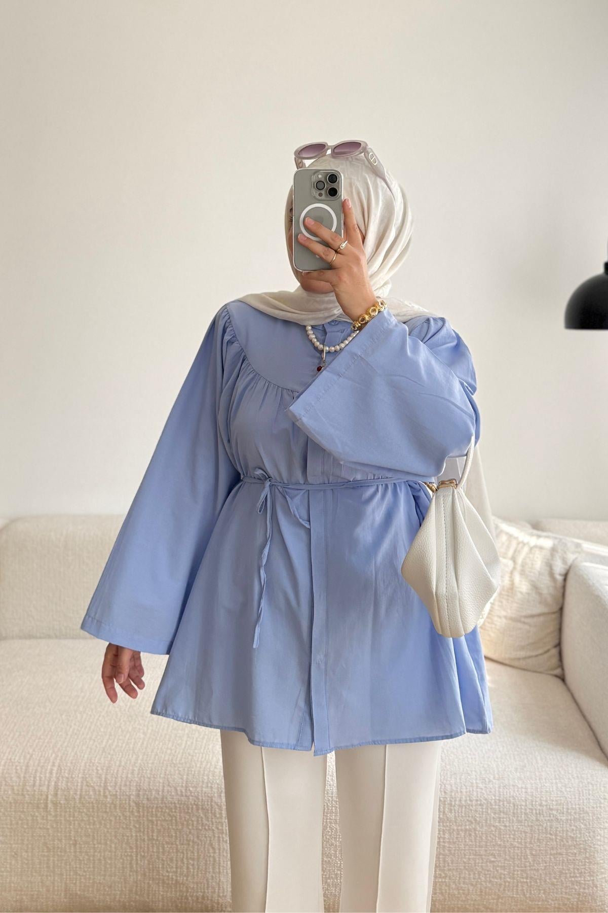 MAVİ SHEİN KUŞAKLI OVERSİZE GÖMLEK