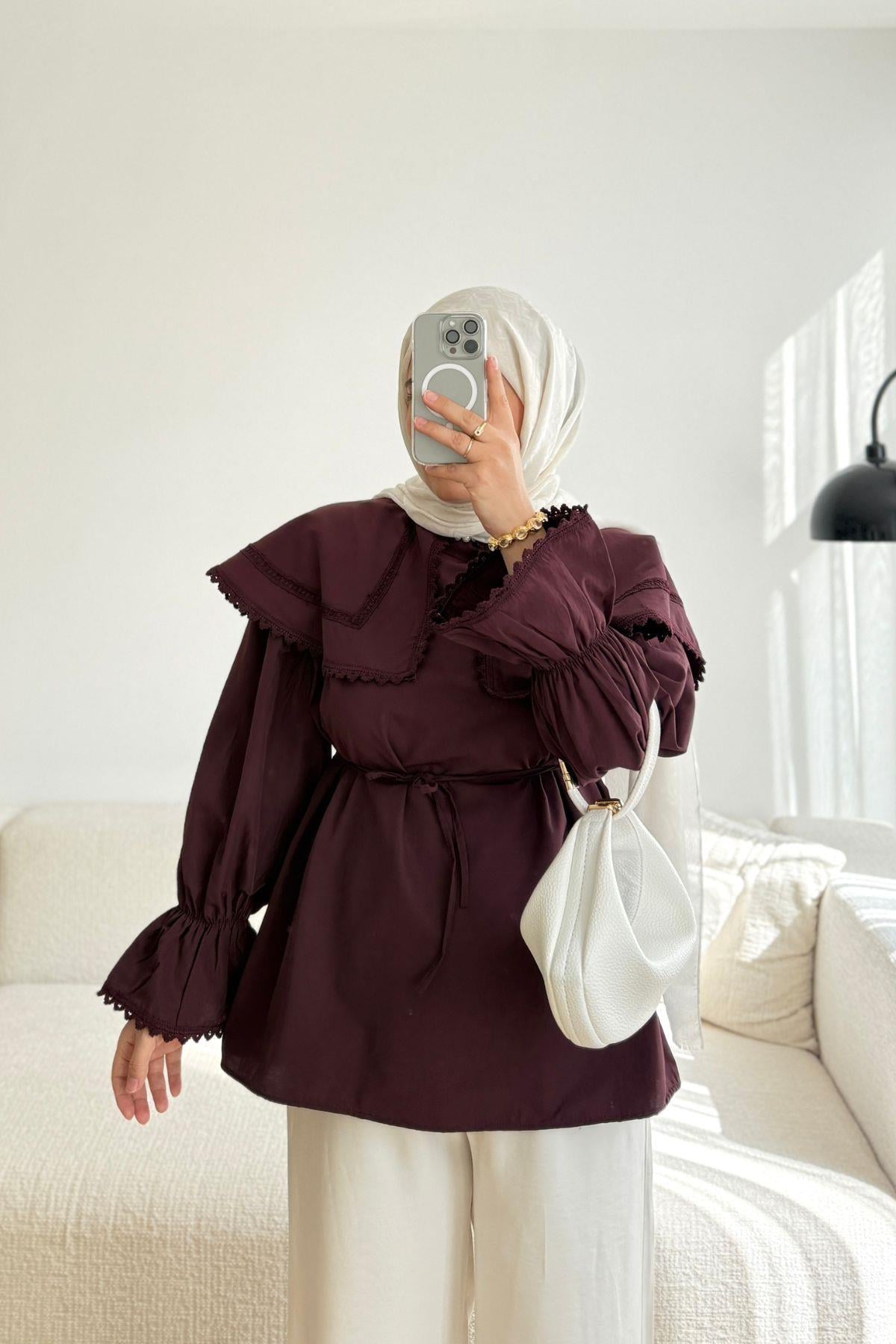 MÜRDÜM ŞAL YAKA DANTELLİ GÖMLEK