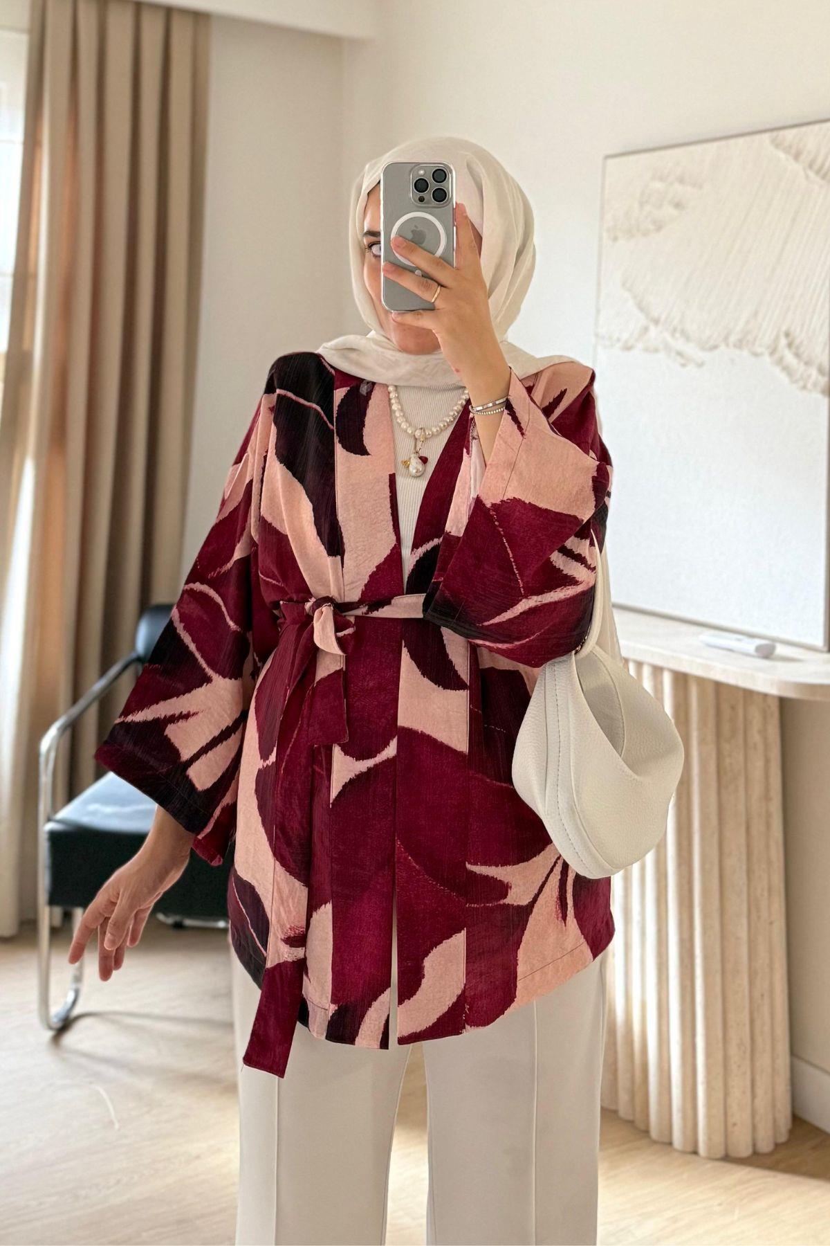 MÜRDÜM YAPRAK DESEN KİMONO