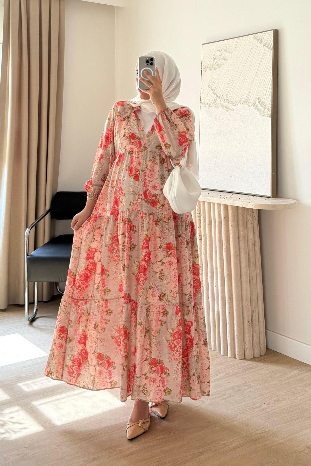 NAR ÇİÇEGİ ÇİÇEK DESENLİ ELBİSE 