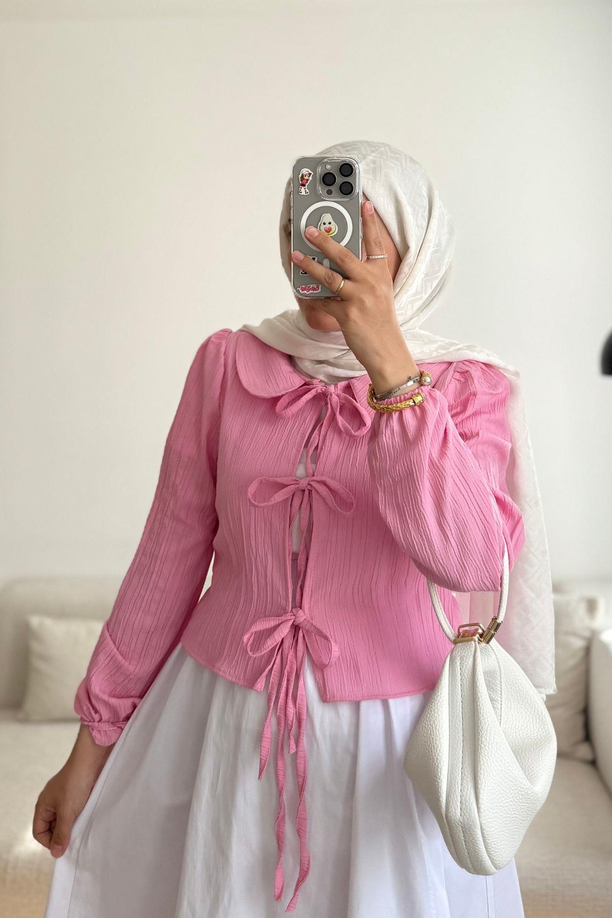 PEMBE BEBE YAKA BAGCIKLI KİMONO GÖMLEK
