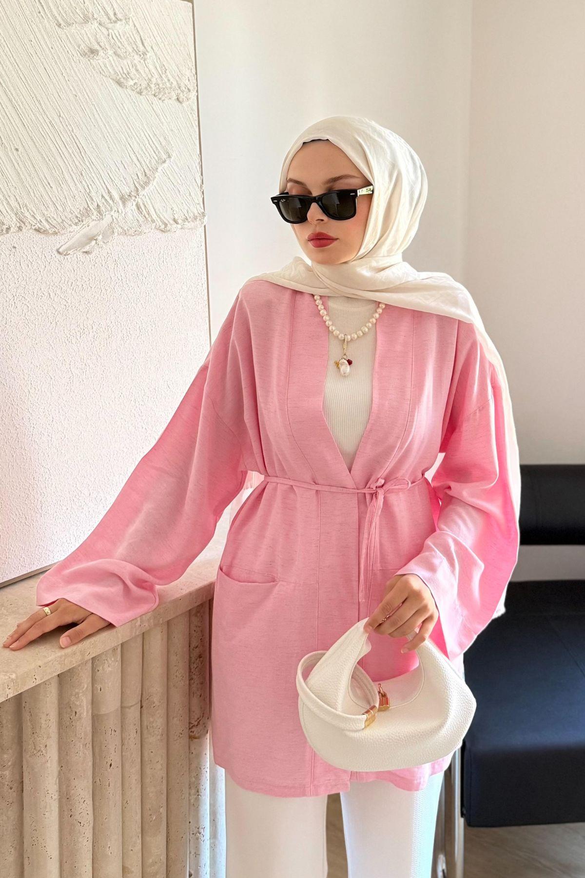 PEMBE CEPLİ KETEN KİMONO