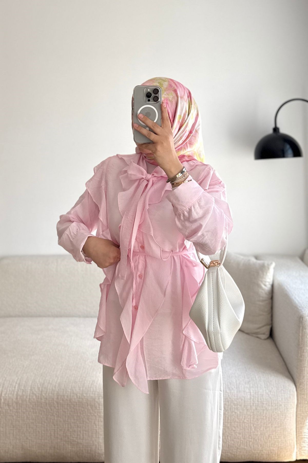 PEMBE CİCİ FULARLI GÖMLEK