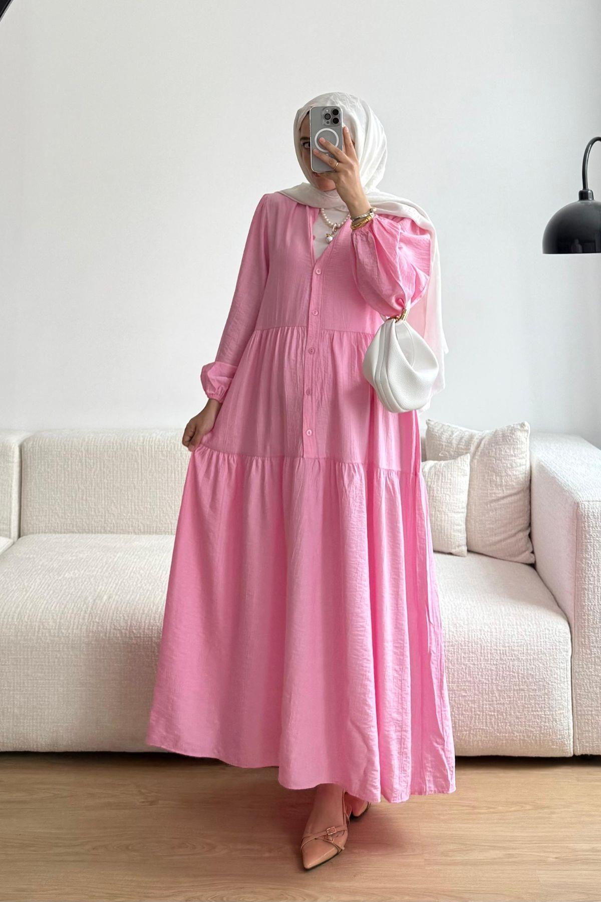 PEMBE ÇİLEK KUMAŞ ELBİSE 