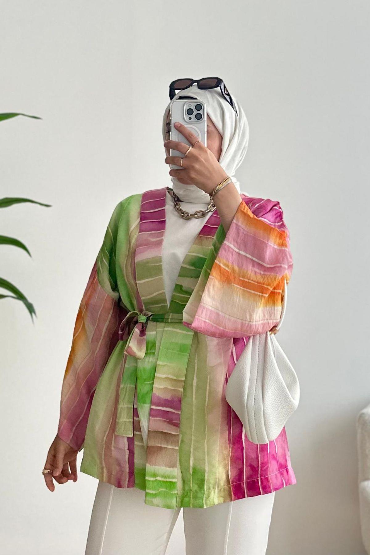 PEMBE ÇOK RENKLİ KİMONO