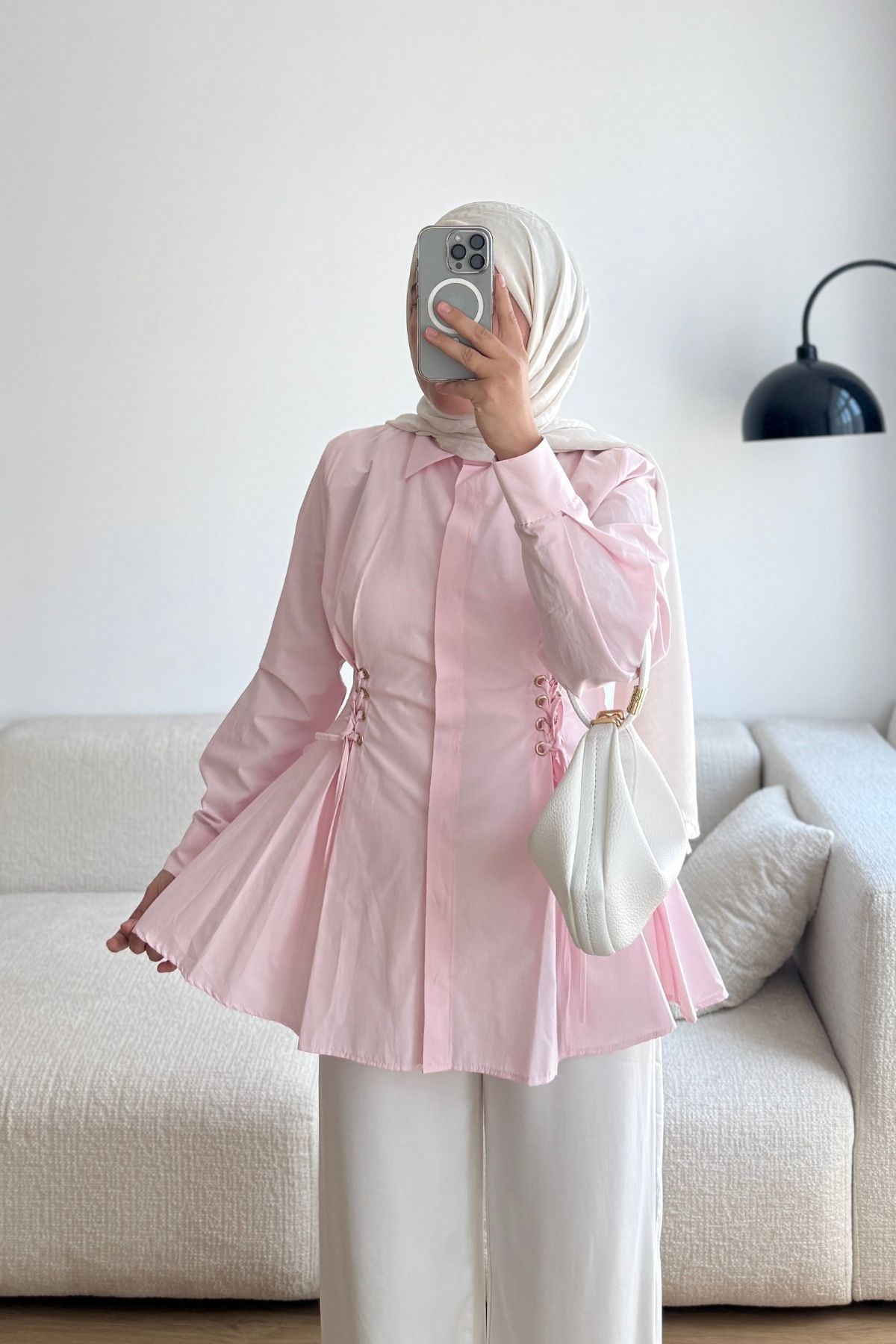 PEMBE KUŞ GÖZÜ DETAYLI GÖMLEK